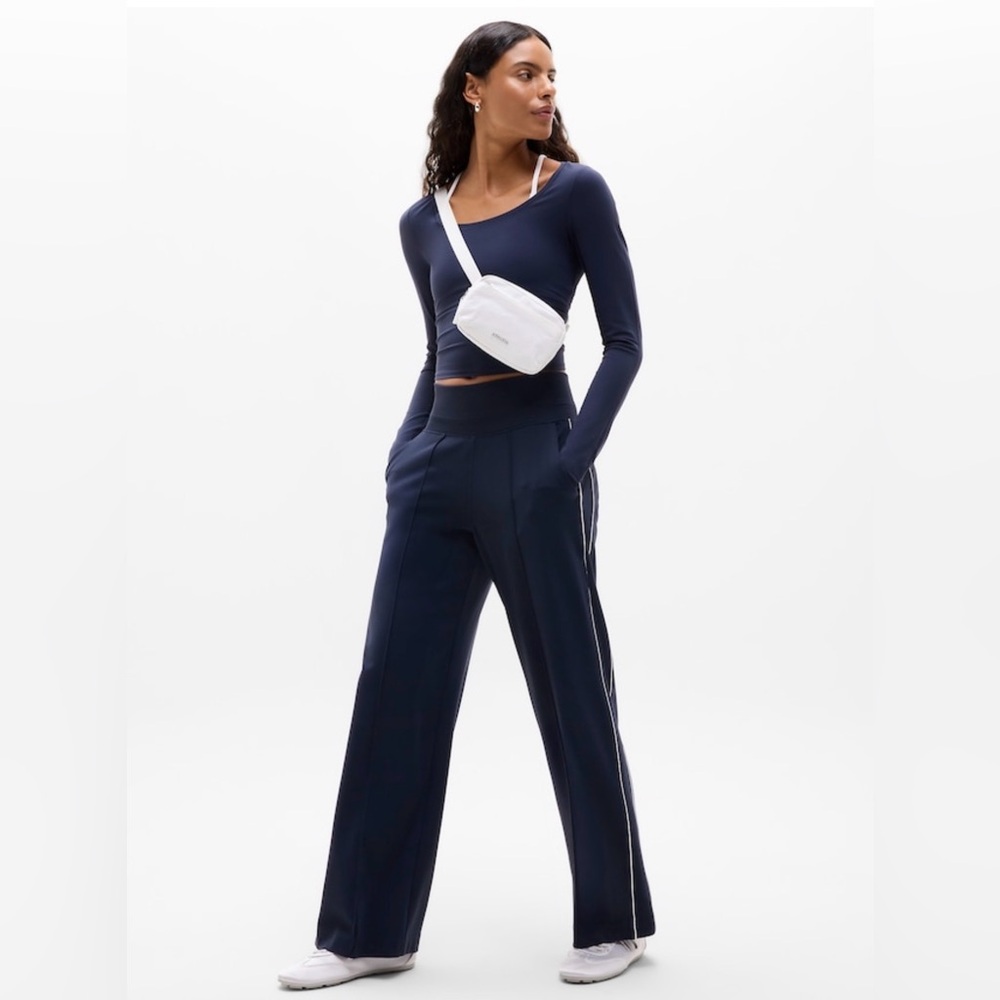 Athleta Navy Wide-Leg Pants with White Stripe